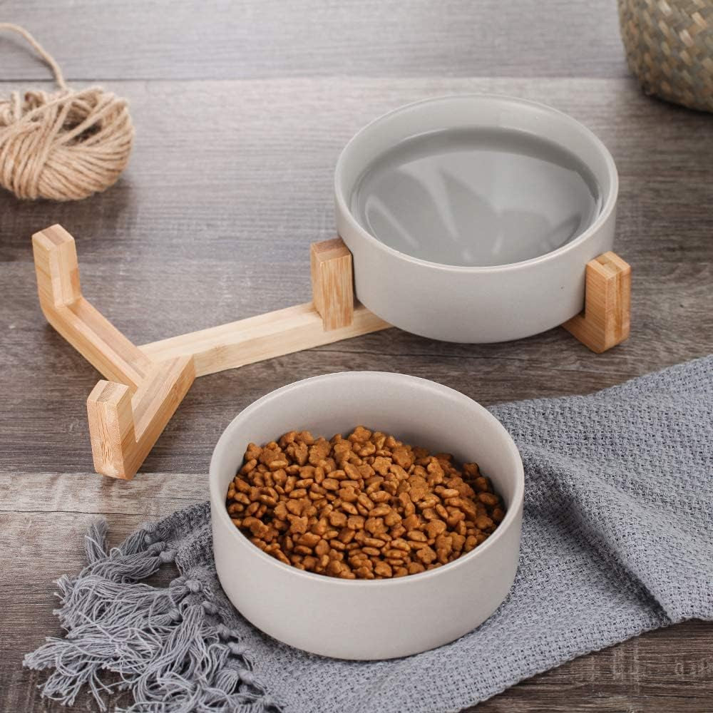 Ceramic Cat Dog Bowl Dish with Wood Stand No Spill Pet Food Water Feeder Cats Small Dogs Set of 2