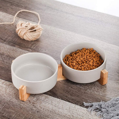Ceramic Cat Dog Bowl Dish with Wood Stand No Spill Pet Food Water Feeder Cats Small Dogs Set of 2